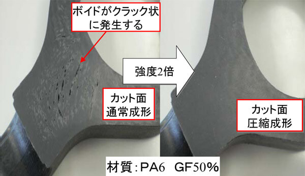 通常成形と圧縮成形のカット面比較（材質：PA6 GF50％）